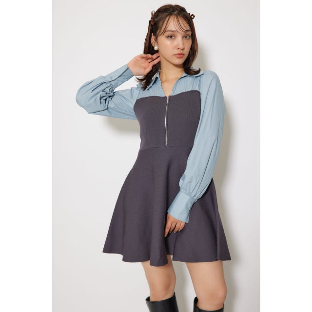 シャツドッキングフレアニットミニワンピース D/GRY3