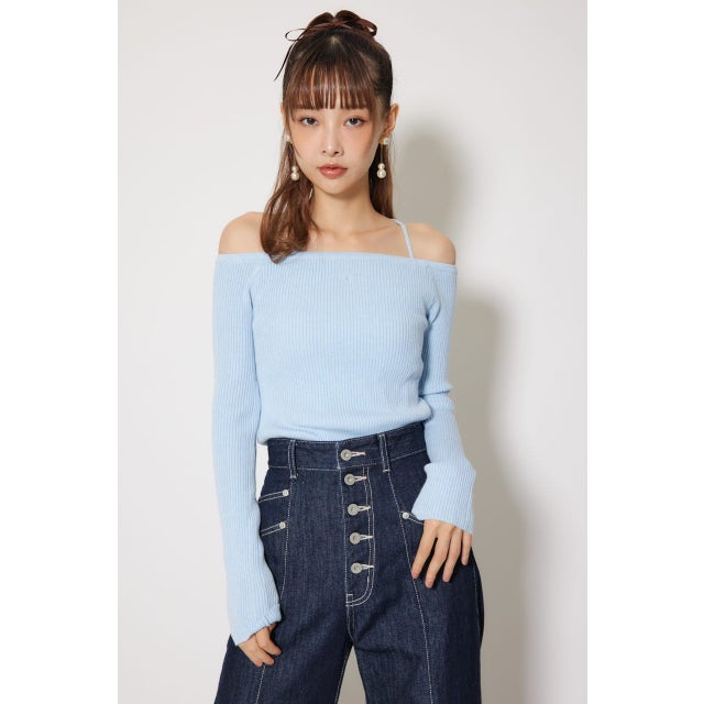 Rロゴバックリボンオフショルニットトップス L/BLU1