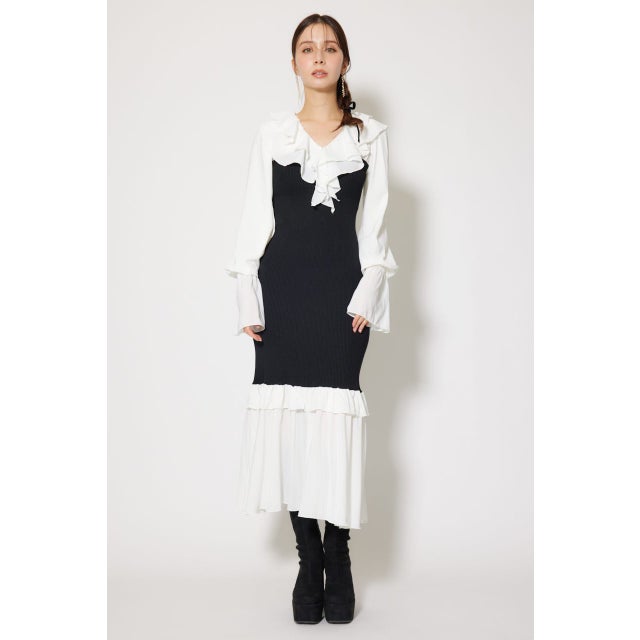ダブルフリルコンビニットワンピース BLK