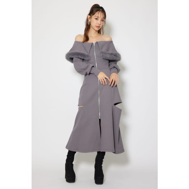フェイクファー付きカッティング裏起毛ワンピース GRY