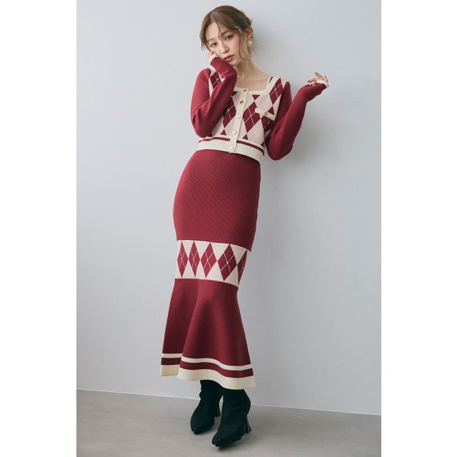 アーガイルバイカラーカーディガンセットニットワンピース RED