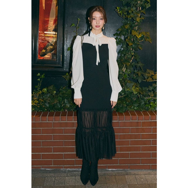 チュールドッキングニットマーメイドワンピース BLK