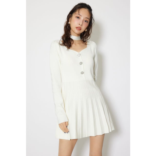 フロントビジュープリーツミニニットワンピース WHT