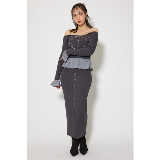 2WAYビジューフラワーオフショルタイトニットワンピース L/BLK1