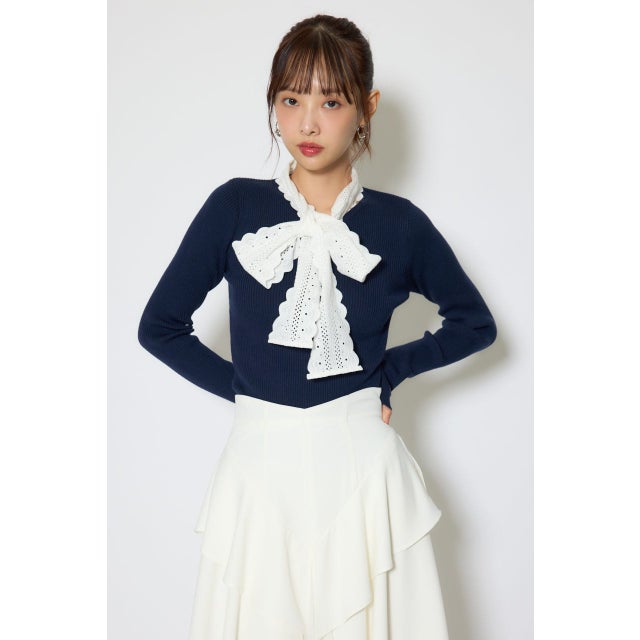 コットンレースリボンニットトップス NVY