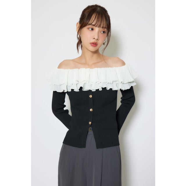 プリーツレースオフショルニットトップス BLK