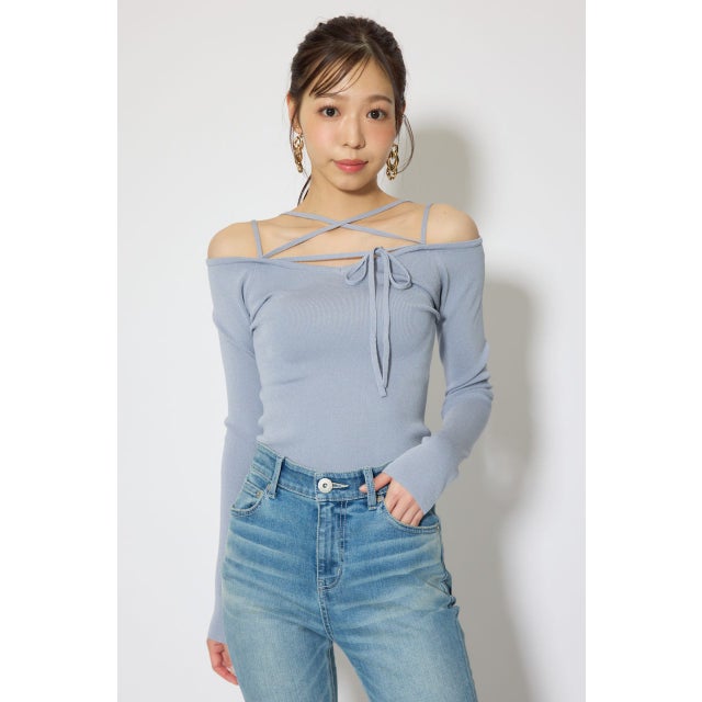 ストリングタイトニットトップス L/BLU1
