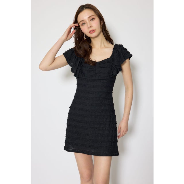 ショルダーフリルカットミニワンピース BLK