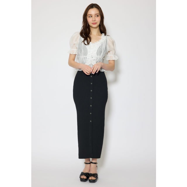 シフォンカーデセットタイトニットワンピース BLK