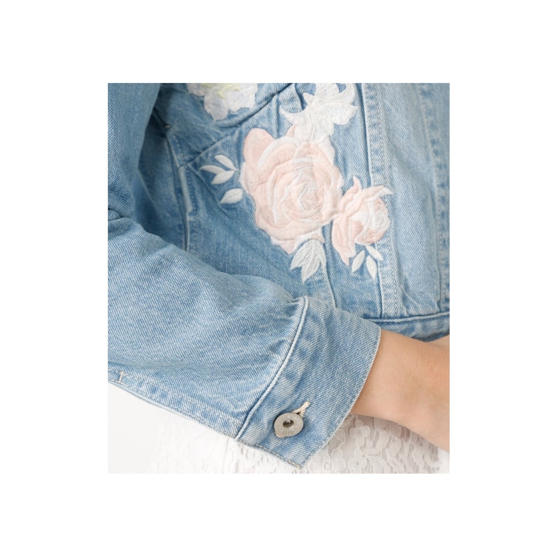 rienda embroideryオフショルデニムジャケット ライトブルー -靴 