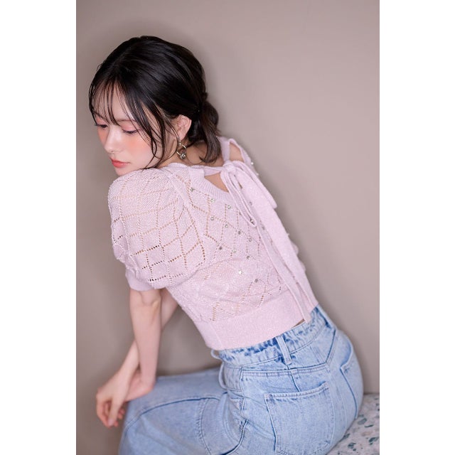ビジュー付きバックリボンニットトップス PNK