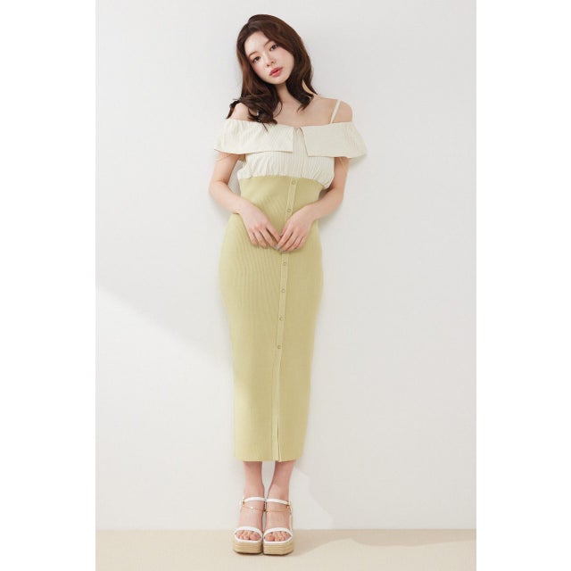 2WAYフロントジップビッグカラータイトニットワンピース LIME