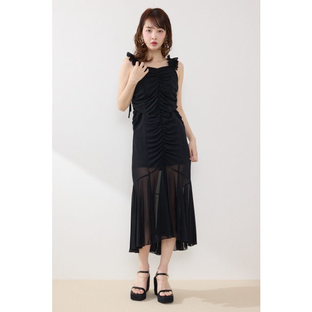 メッシュマーメイドギャザーワンピース BLK