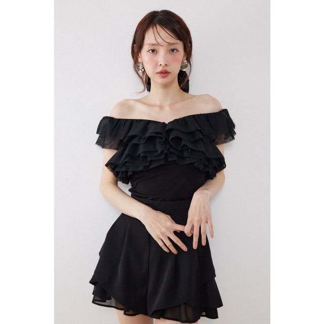 オフショルフリルカットトップス BLK