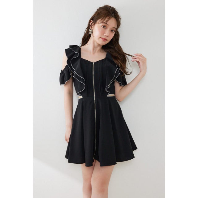 フロントジップフリルミニワンピース BLK