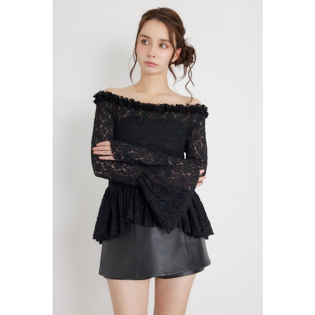 レースオフショルダーペプラムトップス BLK