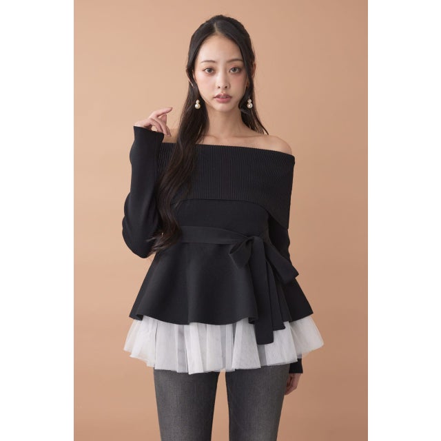 チュールレイヤードペプラムニットトップス BLK