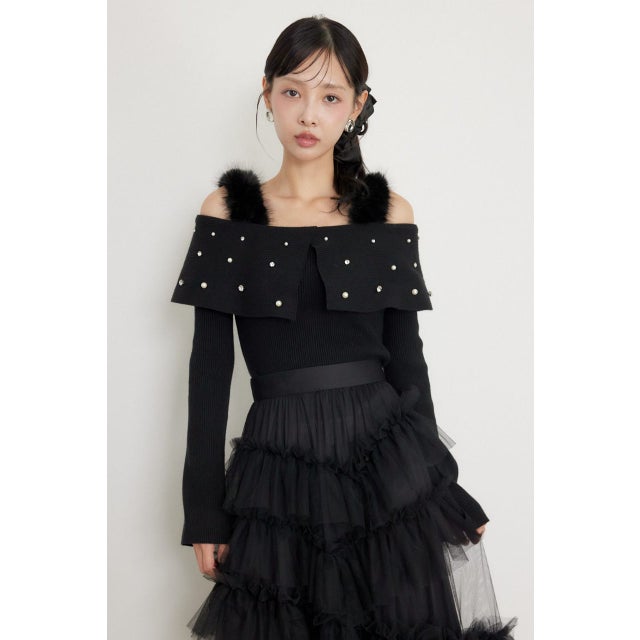 ショルダーフェイクファービジューニットトップス BLK