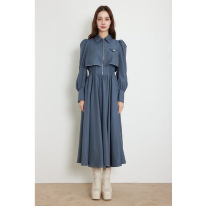 バストディティールロングスリーブフレアワンピース BLU｜詳細画像