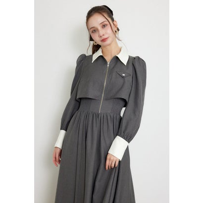 バストディティールロングスリーブフレアワンピース GRY｜詳細画像