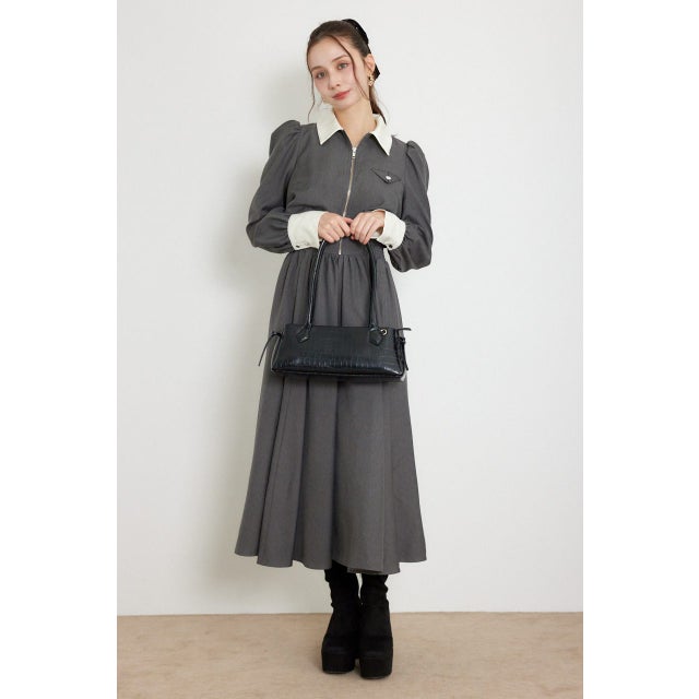 バストディティールロングスリーブフレアワンピース GRY