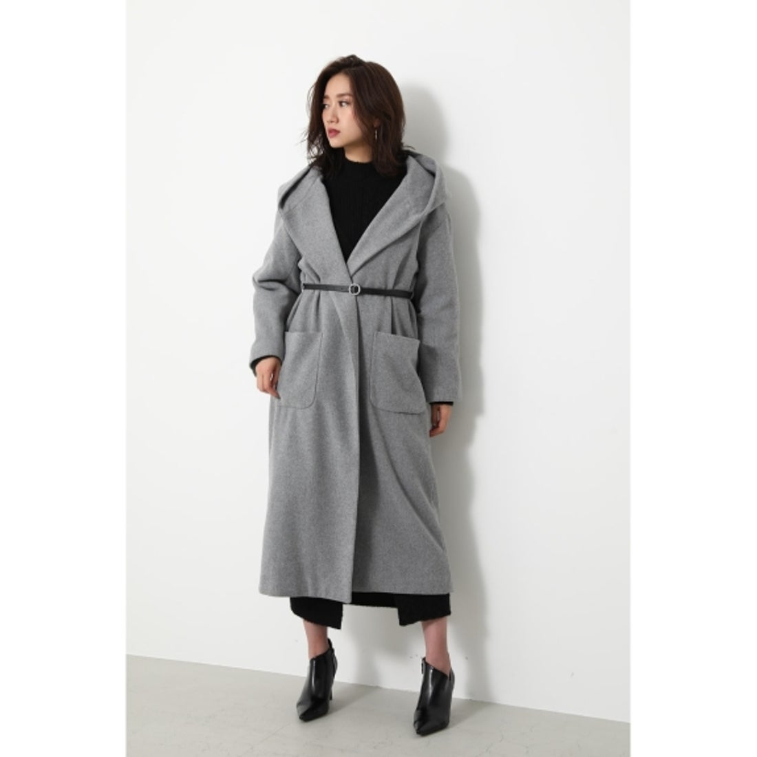 rienda フードガウンWOOL MIXミディCT BLK -ファッション通販 FASHION 