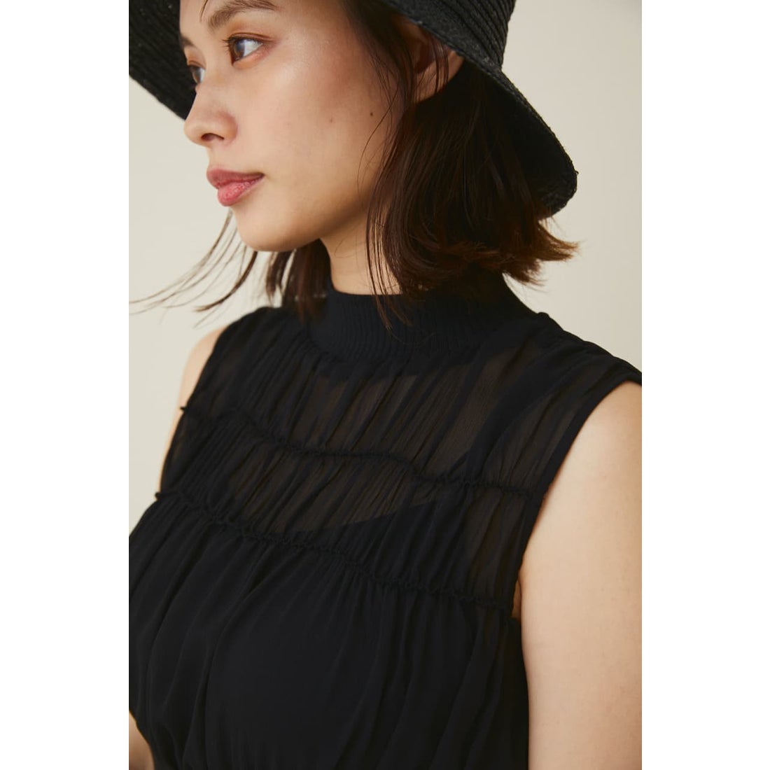 rienda H／NギャザーシフォンノースリーブOP BLK -靴＆ファッション