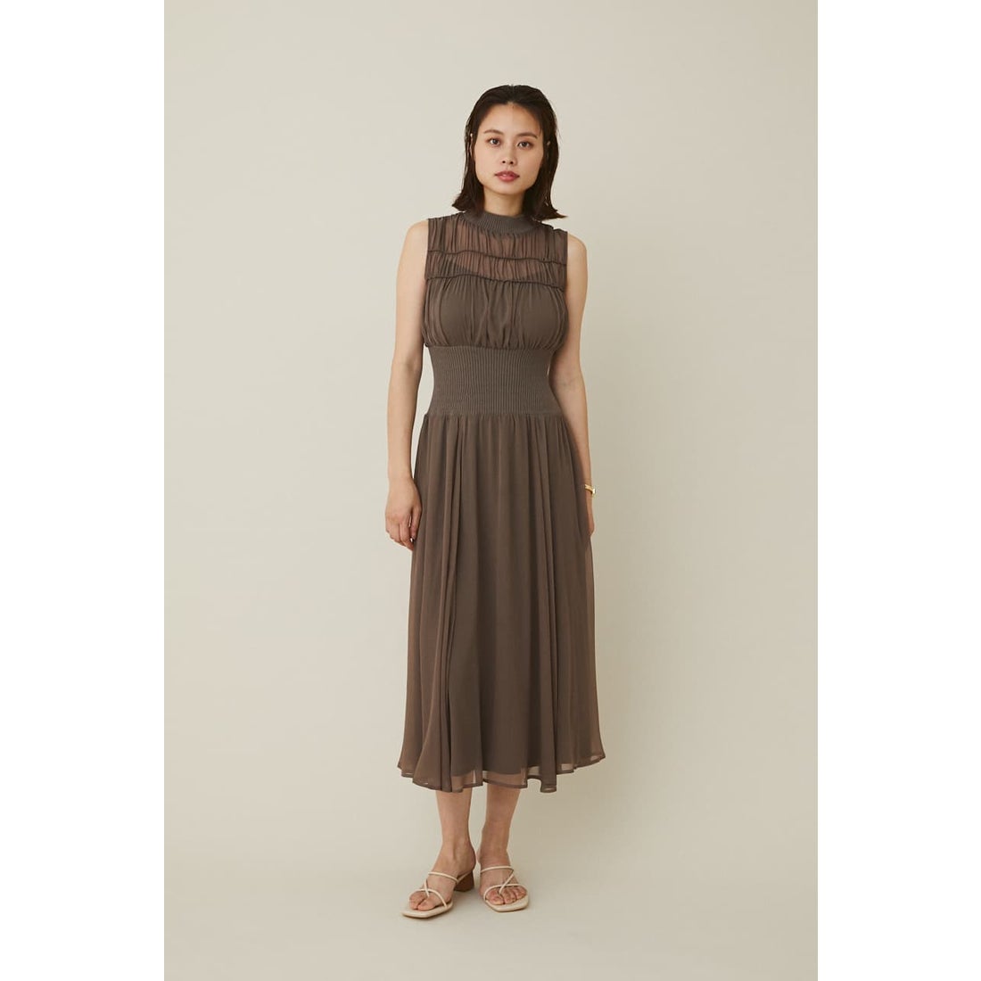 rienda H／NギャザーシフォンノースリーブOP KHA -ファッション通販