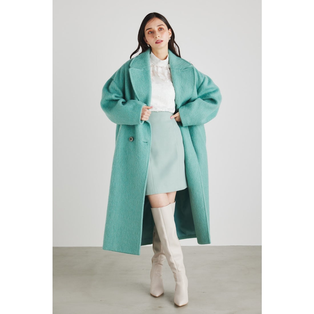 rienda ビッグカラールーズシャギーCT GRN -ファッション通販 FASHION 
