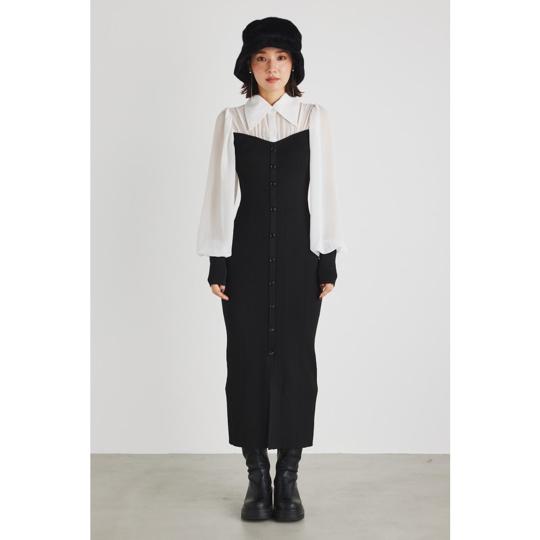 rienda シャツコンビタイトknit OP BLK -靴＆ファッション通販 