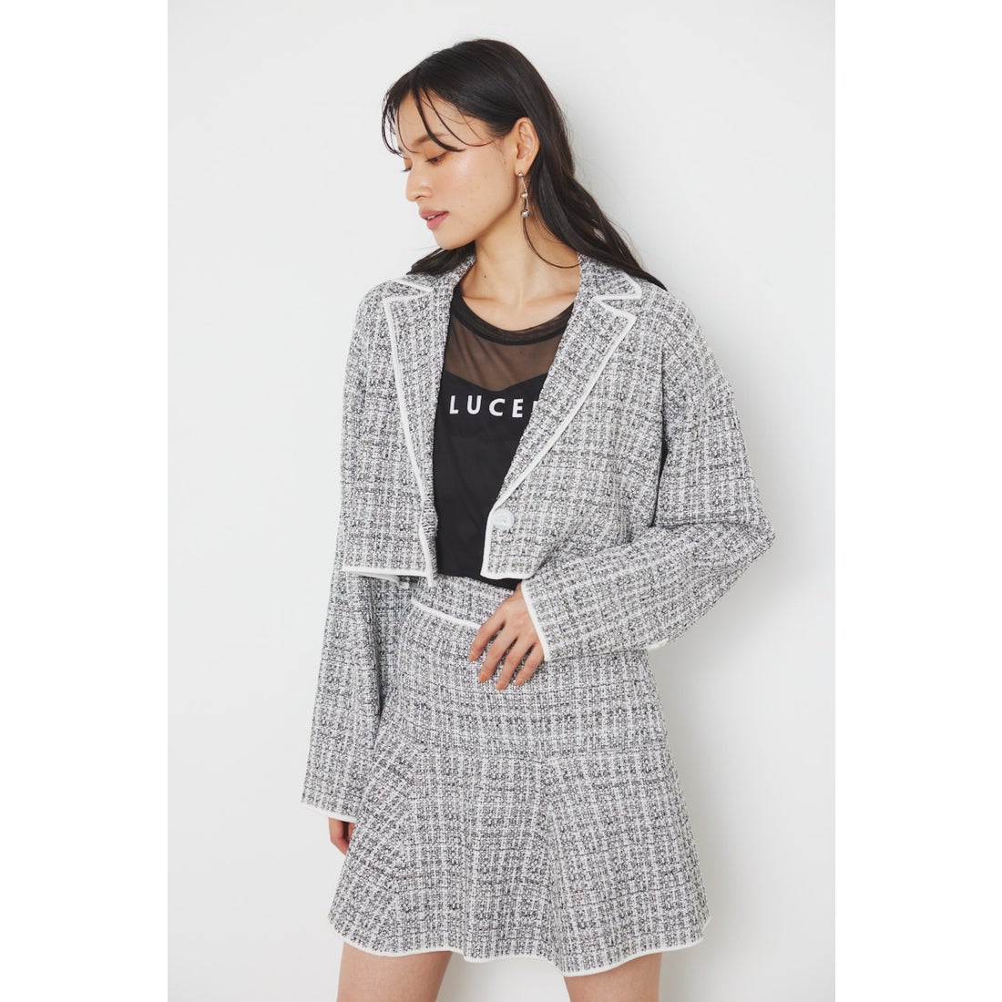 rienda クロップドWテーラードツイードKnit JK BLK -靴＆ファッション 