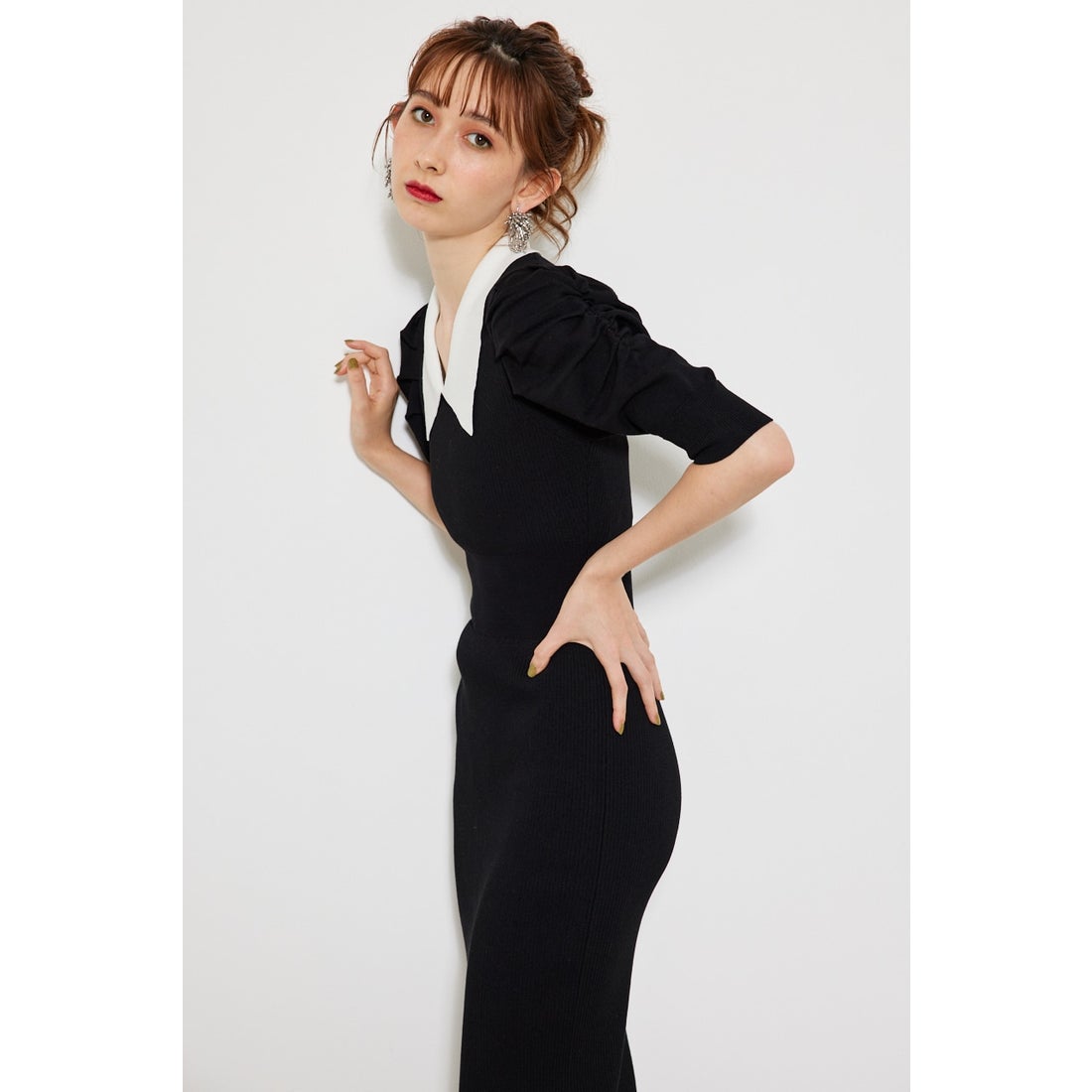rienda バイカラーチェルシーカラーKnit OP BLK -ファッション通販