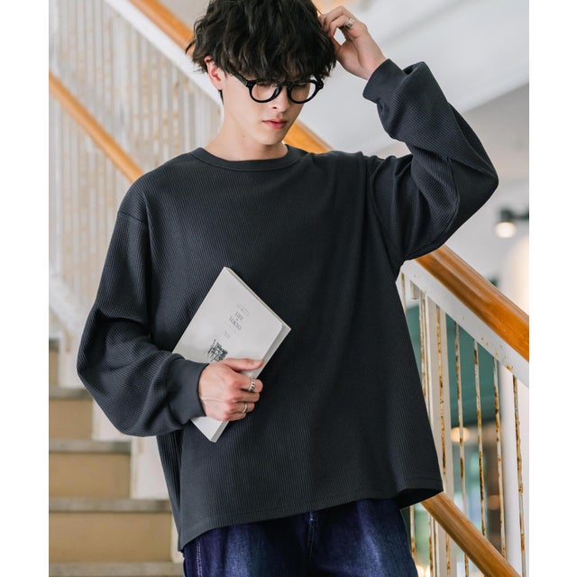 Tシャツ 長袖 ワッフル メンズ レディース ロンT カットソー クルーネック 無地 シンプル リラックス ルーズシルエット レイヤード 14621 （チャコール）