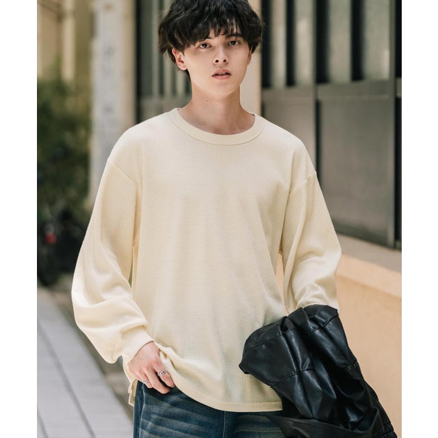 Tシャツ 長袖 ワッフル メンズ レディース ロンT カットソー クルーネック 無地 シンプル リラックス ルーズシルエット レイヤード 14621 （オートミール）