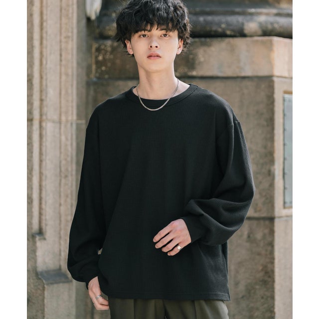 Tシャツ 長袖 ワッフル メンズ レディース ロンT カットソー クルーネック 無地 シンプル リラックス ルーズシルエット レイヤード 14621 （ブラック）