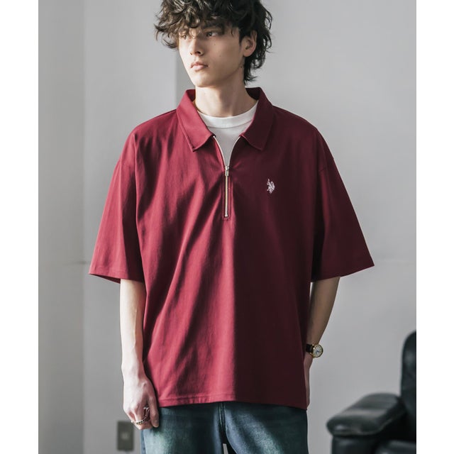 U.S. POLO ASSN. ポロシャツ ハーフジップ 半袖 メンズ レディース 新色追加 天竺 ロゴ刺繍 無地 クレリック ゴルフ 別注コラボ 15426 （ワイン）