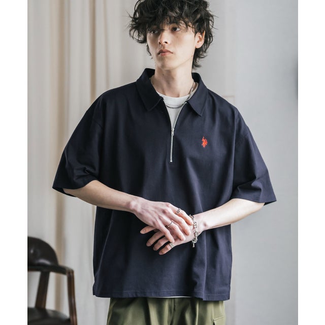 U.S. POLO ASSN. ポロシャツ ハーフジップ 半袖 メンズ レディース 新色追加 天竺 ロゴ刺繍 無地 クレリック ゴルフ 別注コラボ 15426 （ネイビー）