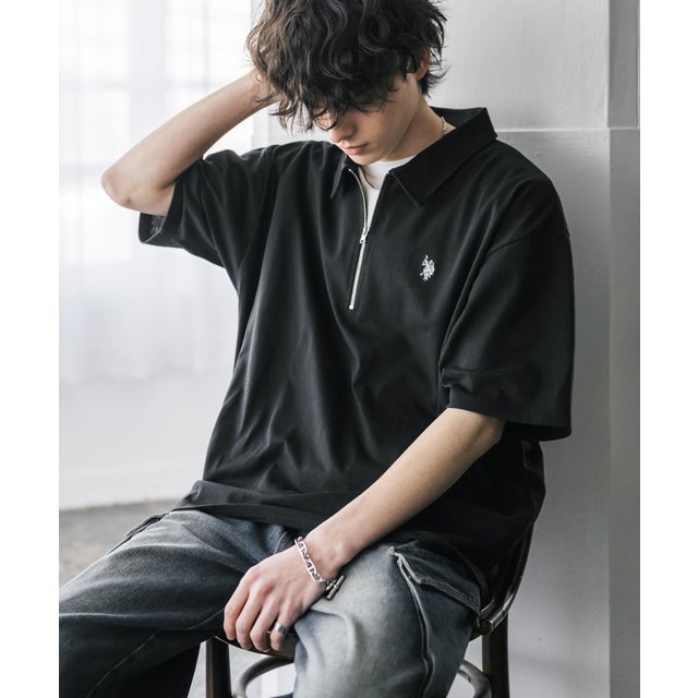 U.S. POLO ASSN. ポロシャツ ハーフジップ 半袖 メンズ レディース 新色追加 天竺 ロゴ刺繍 無地 クレリック ゴルフ 別注コラボ 15426 （ブラック）