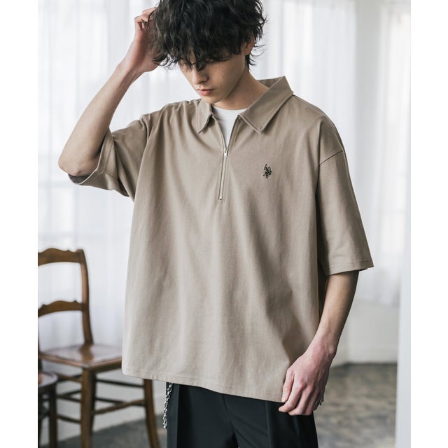 U.S. POLO ASSN. ポロシャツ ハーフジップ 半袖 メンズ レディース 新色追加 天竺 ロゴ刺繍 無地 クレリック ゴルフ 別注コラボ 15426 （ベージュ）