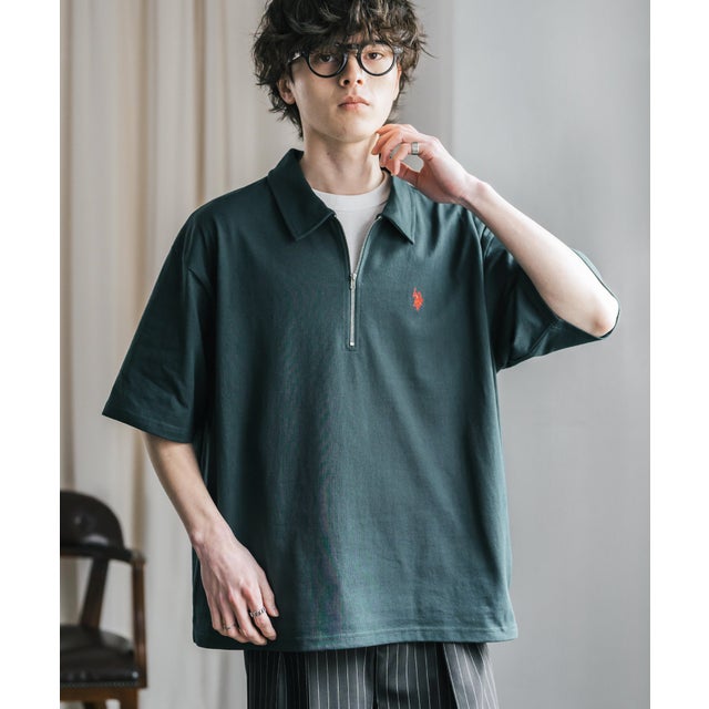 U.S. POLO ASSN. ポロシャツ ハーフジップ 半袖 メンズ レディース 新色追加 天竺 ロゴ刺繍 無地 クレリック ゴルフ 別注コラボ 15426 （グリーン）