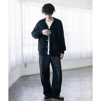 ロッキーモンロー Rocky Monroe カーディガン シャギーニット セーター 無地 長袖 メンズ レディース 起毛 モヘアライク Vネック ライトアウター オーバーサイズ 羽織り 16391 （ブラック）｜詳細画像