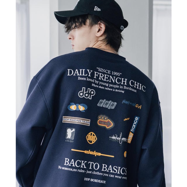 ddp ディーディーピー トレーナー バックプリント メンズ レディース スウェット 裏起毛 長袖 グラフィック ロゴ刺繍 オーバーサイズ あったか 16247 （B.ネイビー）