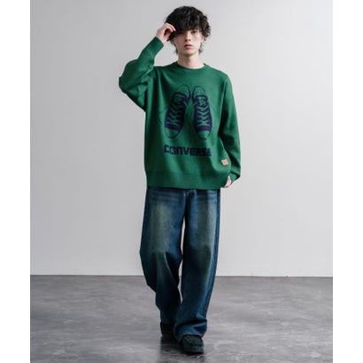 ニット セーター 長袖 メンズ レディース ゆるニット ダブルジャガード ロゴ オーバーサイズ ルーズ ゆったり リラックス カジュアル CONVERSE 16560 （49.ブラック）｜詳細画像