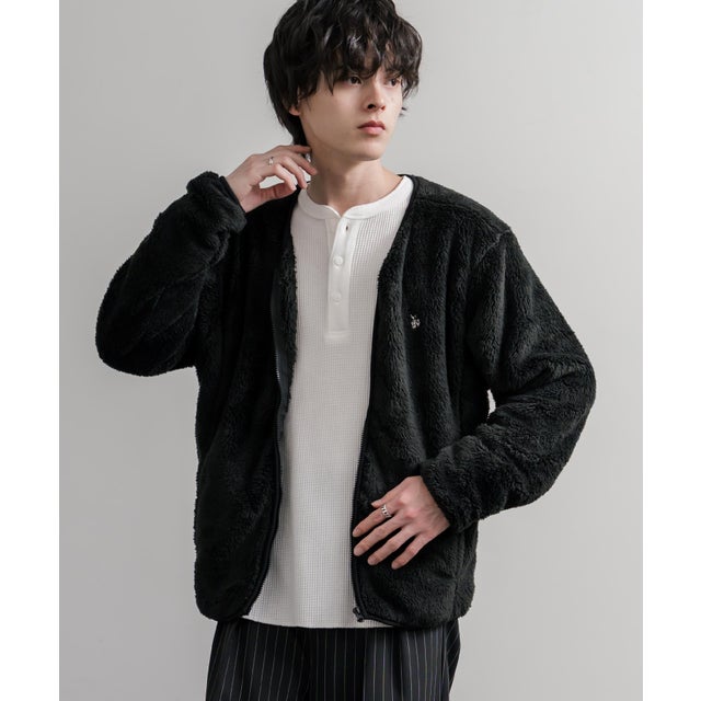 U.S. POLO ASSN. ユーエスポロアッスン ボアジャケット カーディガン ノーカラー フリース メンズ レディース ダブルフェイス 16583 （19.ブラック）