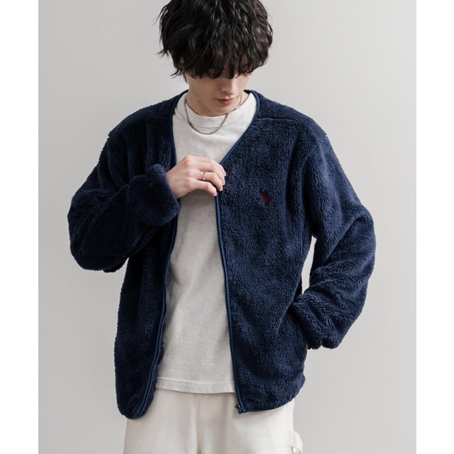 U.S. POLO ASSN. ユーエスポロアッスン ボアジャケット カーディガン ノーカラー フリース メンズ レディース ダブルフェイス 16583 （61.ネイビー）