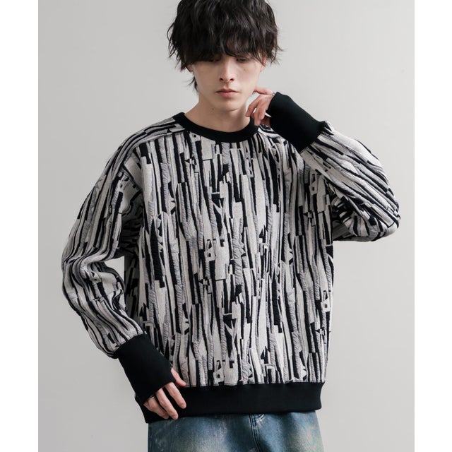 スウェット ジャガードニット メンズ レディース クルーネック マルチカラー ストライプ 日本製  Upscape Audience AUD6740 16551 （マルチライトグレー）