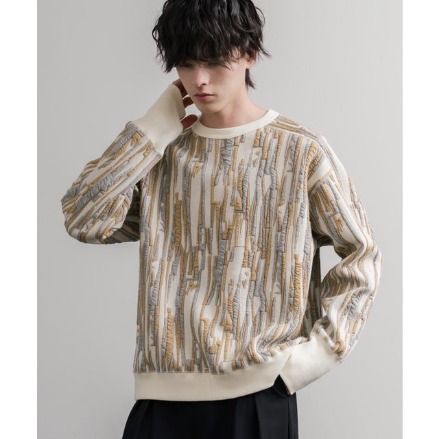 スウェット ジャガードニット メンズ レディース クルーネック マルチカラー ストライプ 日本製  Upscape Audience AUD6740 16551 （マルチオフアイボリー）