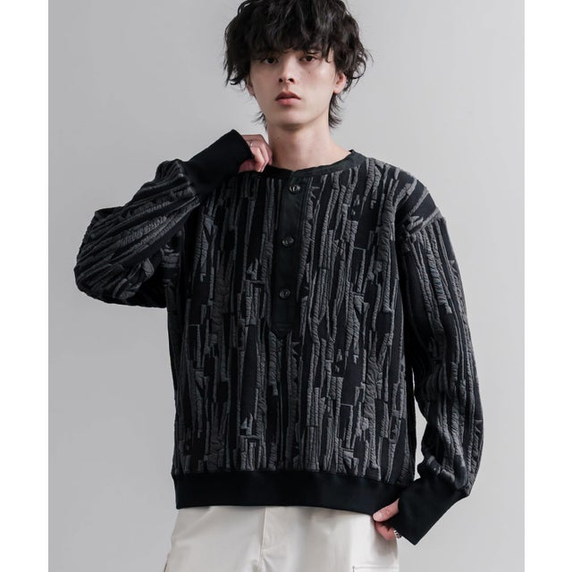 スウェット ヘンリーネック ジャガードニット メンズ レディース マルチカラー ストライプ 日本製 Upscape Audience AUD6742 16566 （マルチブラック）