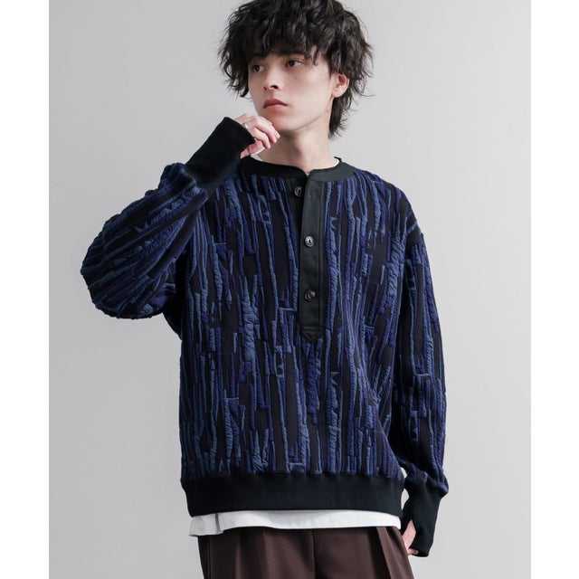 スウェット ヘンリーネック ジャガードニット メンズ レディース マルチカラー ストライプ 日本製 Upscape Audience AUD6742 16566 （マルチネイビー）
