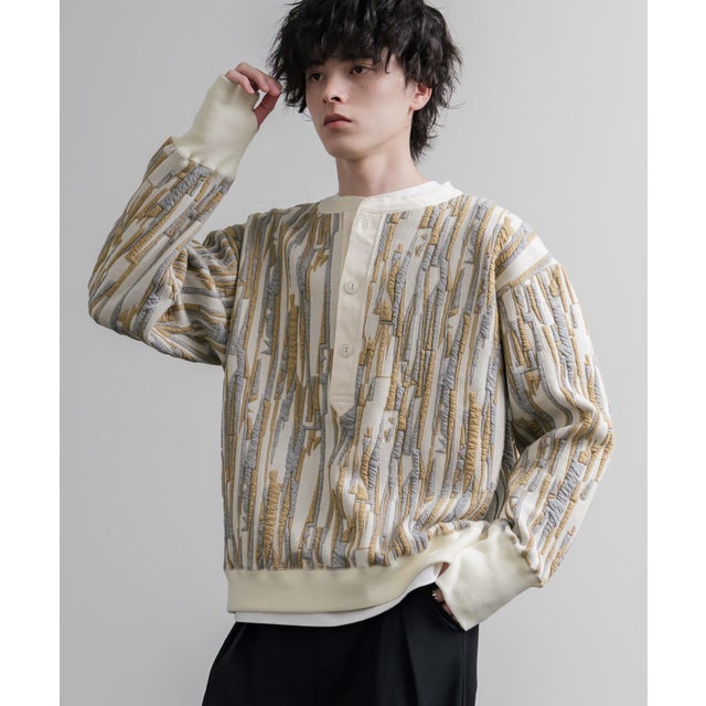 スウェット ヘンリーネック ジャガードニット メンズ レディース マルチカラー ストライプ 日本製 Upscape Audience AUD6742 16566 （マルチオフアイボリー）